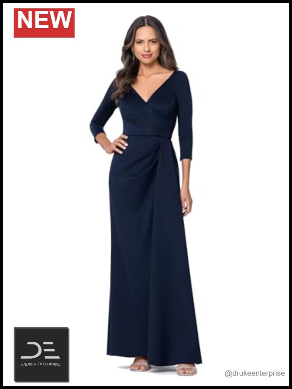 V-Neck Wrap Style Polyester Jersey Evening Dress Long Sleeve